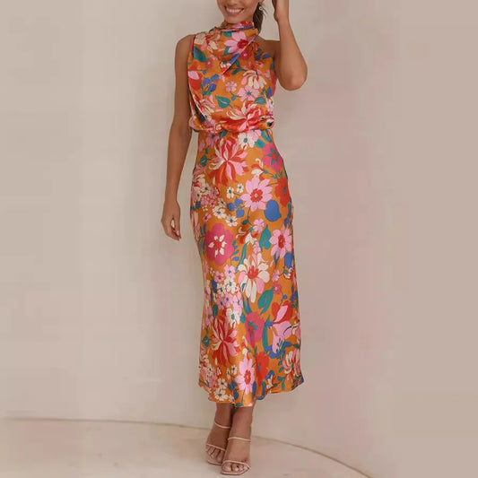 2025 Elegant Satin Lace Sleeveless Dress – Printed & Mature Style