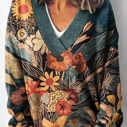 Women's Floral Print Long Sleeve Pullover Sweatshirt Casual Cozy Fall Top