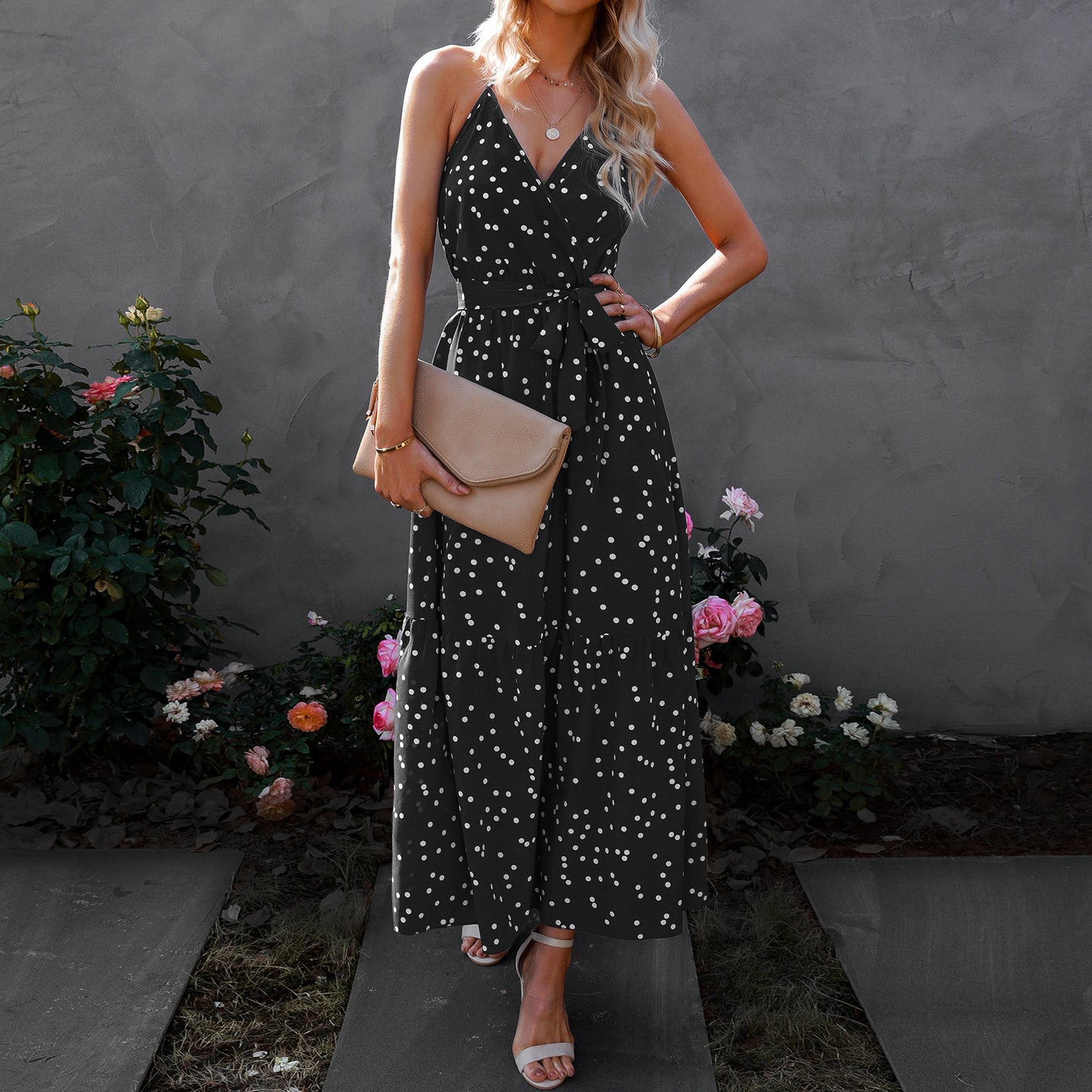Women's Polka Dot Maxi Dress – V-Neck Spaghetti Strap Summer Outfit