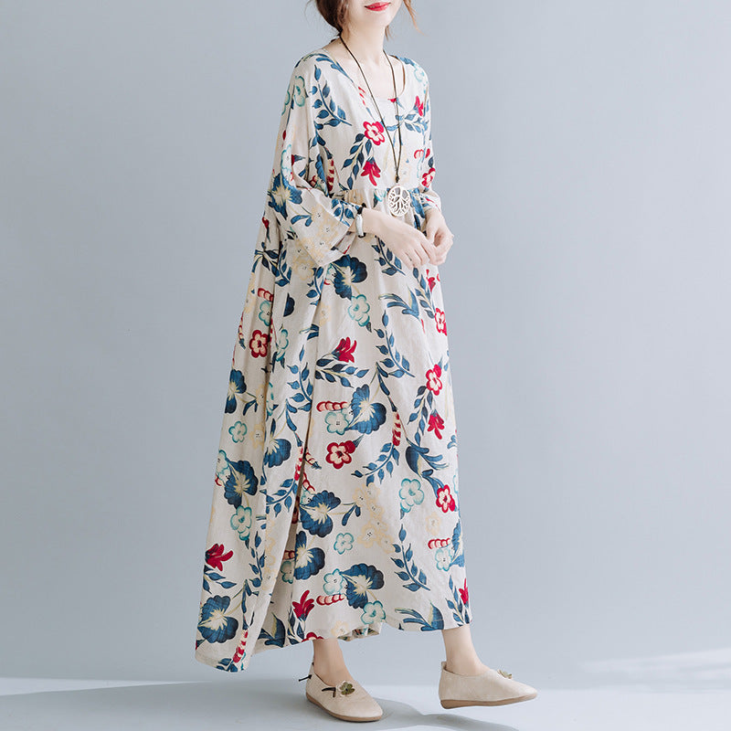 Plus Size Cotton Linen Dress – Loose Fit, Printed, Short Sleeve Casual Wear