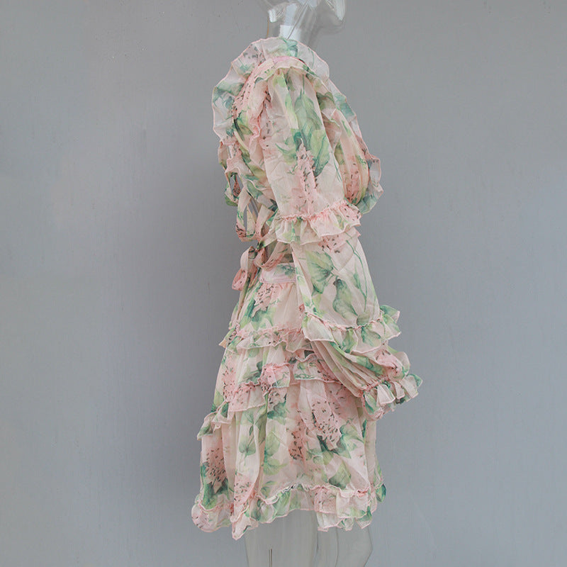 Deep V-Neck Floral Mini Dress – Backless, Long Sleeve