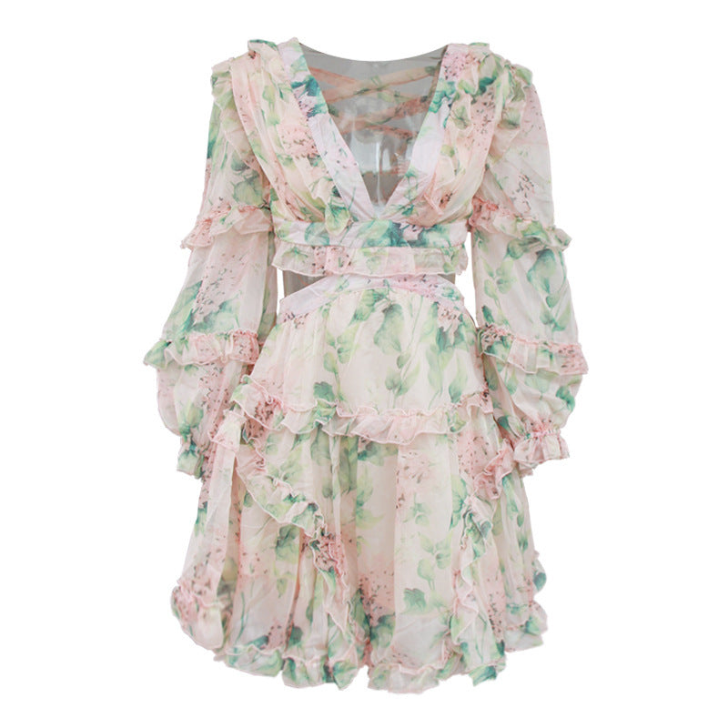 Deep V-Neck Floral Mini Dress – Backless, Long Sleeve