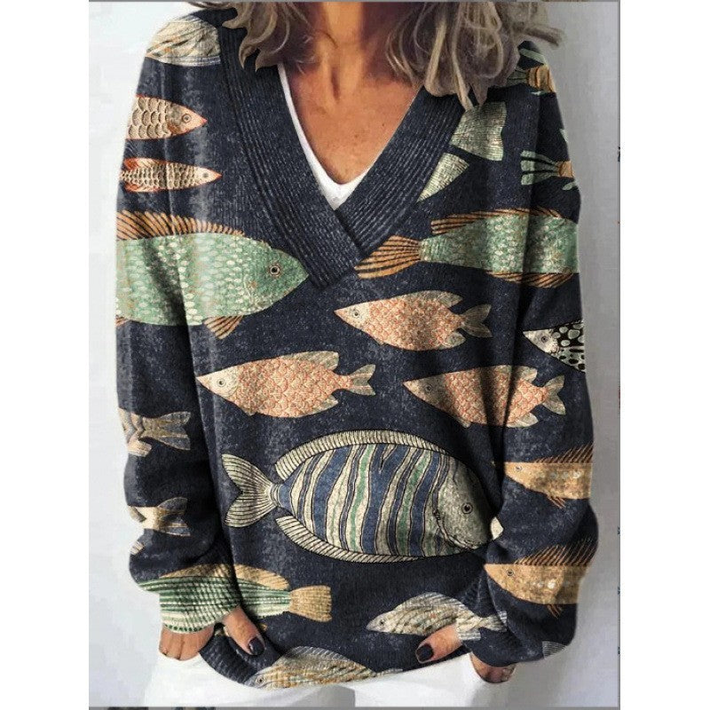 Women's Floral Print Long Sleeve Pullover Sweatshirt Casual Cozy Fall Top