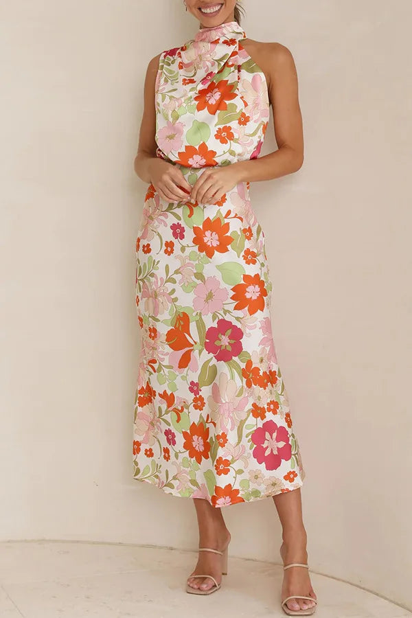 2025 Elegant Satin Lace Sleeveless Dress – Printed & Mature Style