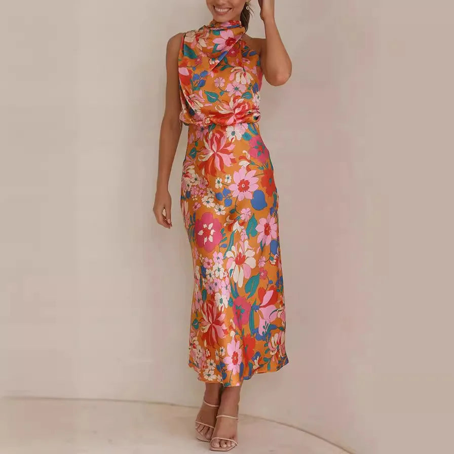 2025 Elegant Satin Lace Sleeveless Dress – Printed & Mature Style