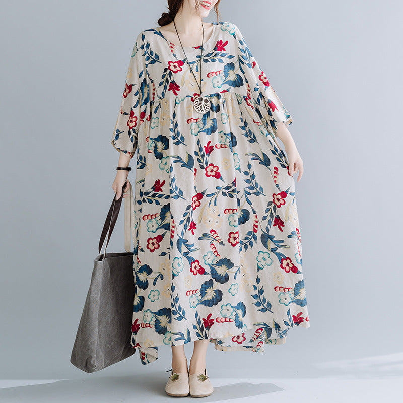 Plus Size Cotton Linen Dress – Loose Fit, Printed, Short Sleeve Casual Wear