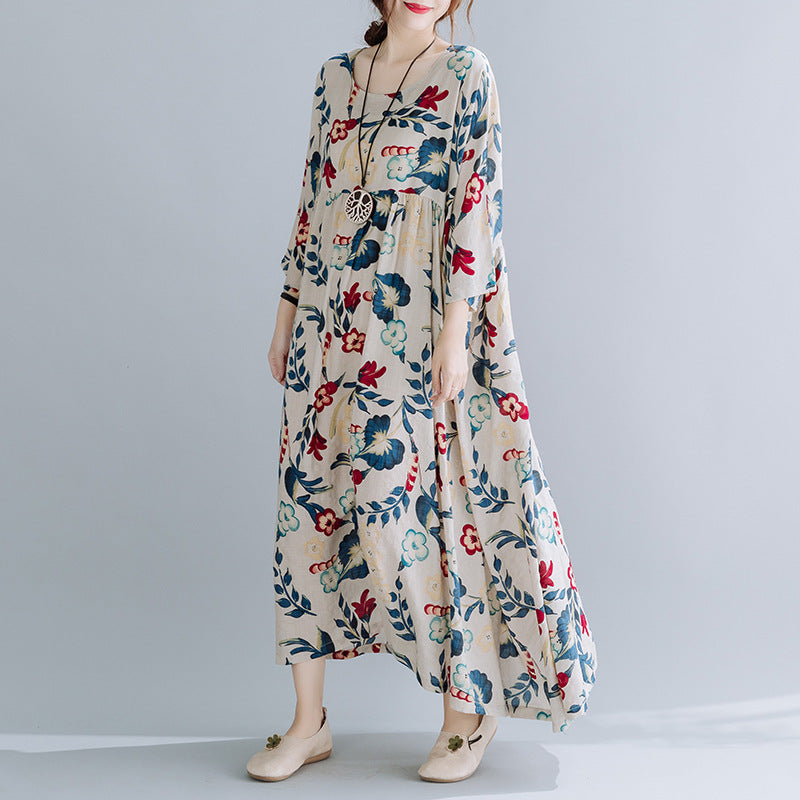 Plus Size Cotton Linen Dress – Loose Fit, Printed, Short Sleeve Casual Wear