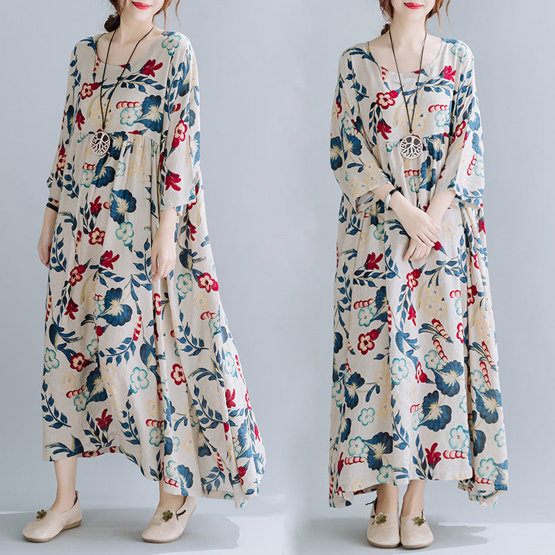Plus Size Cotton Linen Dress – Loose Fit, Printed, Short Sleeve Casual Wear