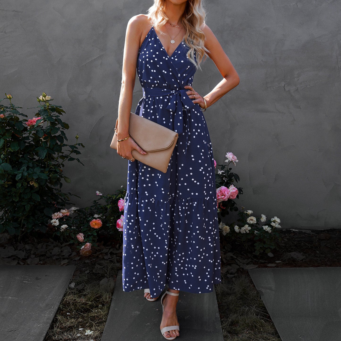 Women's Polka Dot Maxi Dress – V-Neck Spaghetti Strap Summer Outfit