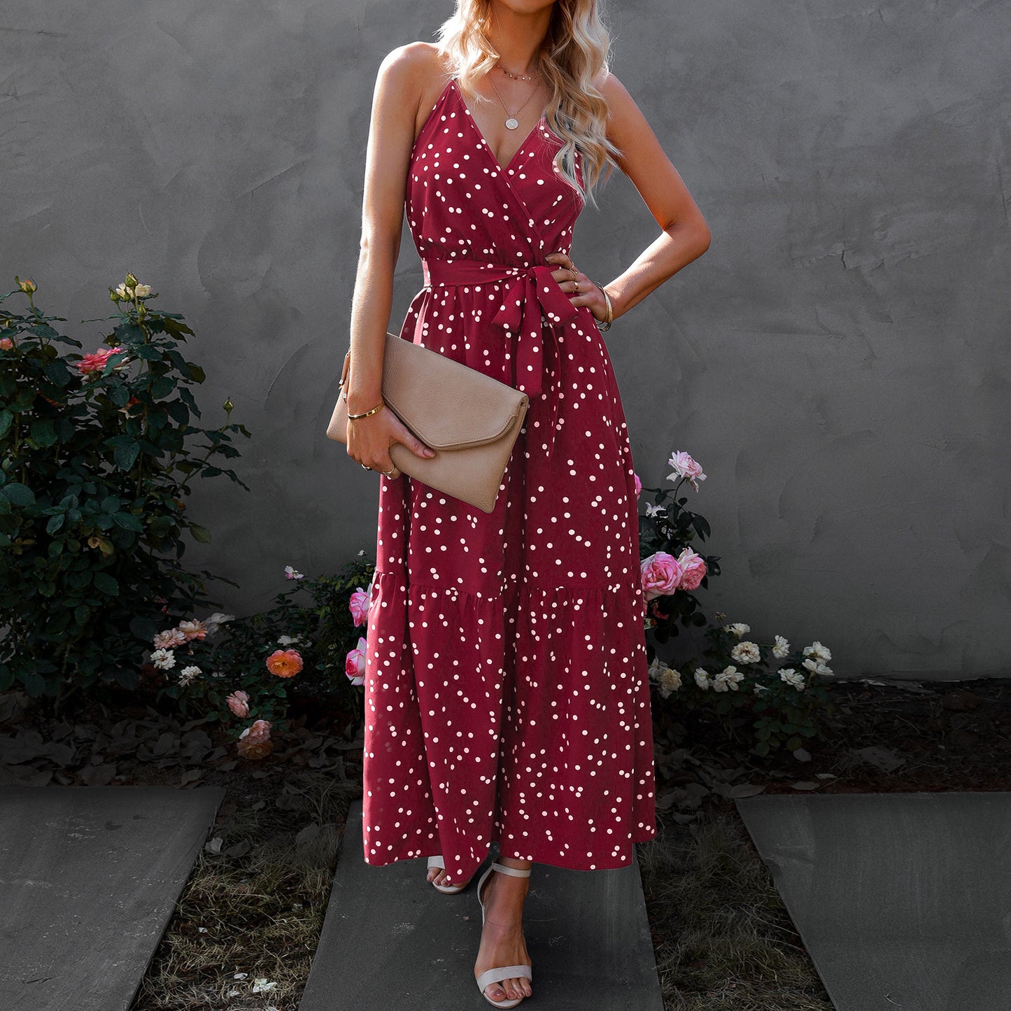 Women's Polka Dot Maxi Dress – V-Neck Spaghetti Strap Summer Outfit